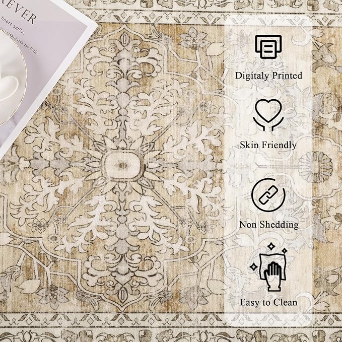 U'Artlines 2' x 8' Boho Hallway Runner Rug Non Slip Runners,Cream Tan | Washable, Vintage Farmhouse Kitchen Rug Accent Area Carpet for Entryway Laundry and Living Room