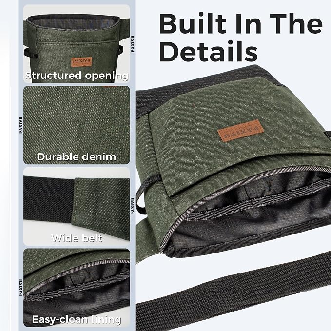 Garden Tool Belt for Women & Men, Forest Green Denim Gardening Apron with Structured Opening, 2 Large Pockets + 2 Inner Pockets, Wide Belt Utility Tool Pouch for Gardening, Florist & Craft