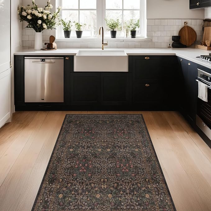 Washable 3x6 Runner Rug for Entryway, Dark Brown Boho Large Kitchen Rug, Home Office Floor Rug, Non-Slip Stain & Fade Resistant, Vintage Dark Taupe Floral Entryway Décor