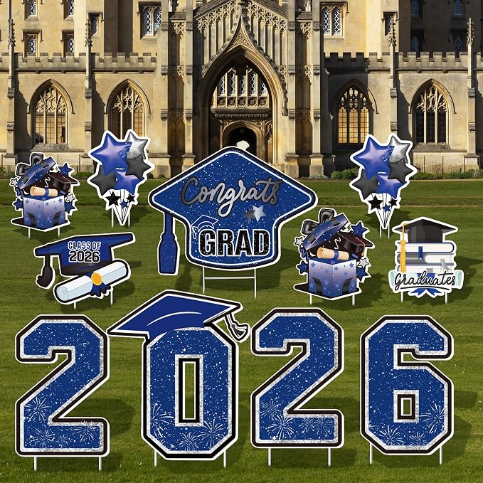 Large 11 PCS Graduation Yard Signs, Class of 2026 Congrats Grad Outdoor Lawn Yard Sign with Stakes, Graduate Yard Decorations for College High School Party, Black and Blue