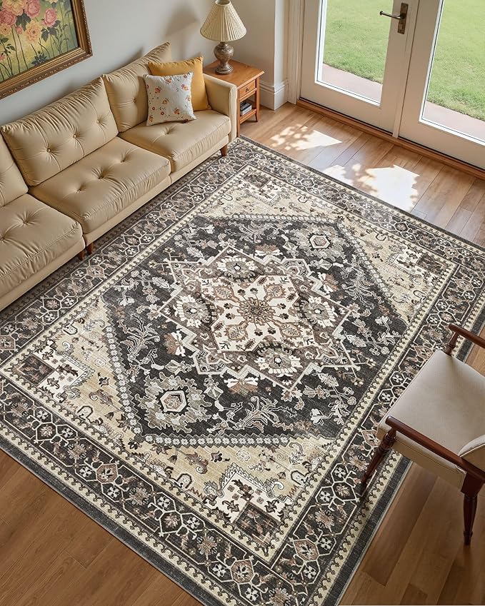 Washable Area Rug-9X12 Vintage Neutral Soft Black | Non Slip Thin Foldable Large Floor Carpet for Living Room Bedroom Kitchen Dining Room Home Office Farmhouse Indoor