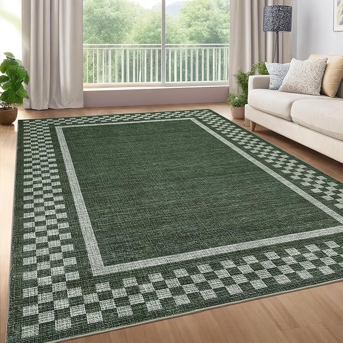 GarveeHome Washable Area Rugs 10x13 Non Slip Soft Large Living Room Rug | Modern Checkered Bedroom Rug Soft Geometric Bordered Throw Carpet for Dining Room Home Decor Office Nursery, Green