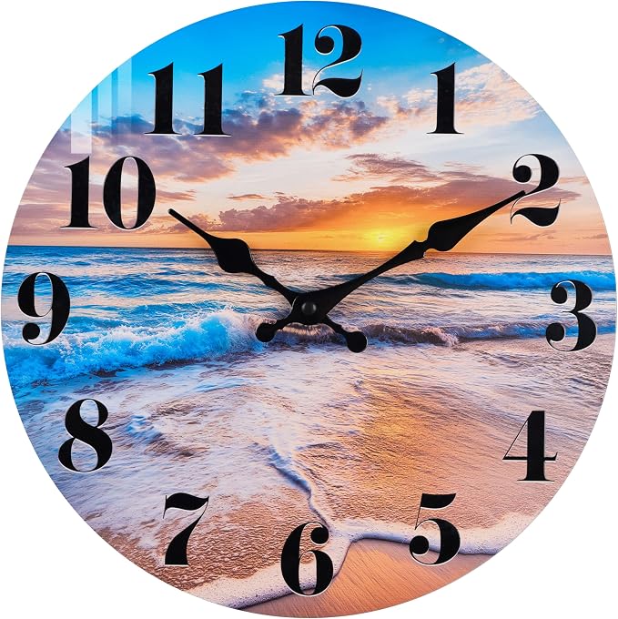 jomparis Beach Wall Clock Decor for Bathroom Bedroom Living Room Home Patio Pool,Battery Operated Sunset Waterproof Wall Clock (14Inch,Blue Coastal Theme)