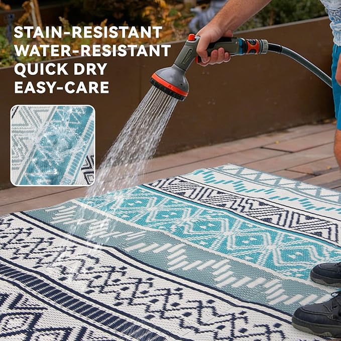 Outdoor Rug 6 x 9 ft, Reversible Plastic Straw Rug for Patio, Waterproof Large Outdoor Carpet for RV, Patio, Camping, Backyard, Deck, Picnic, Beach, Blue & Grey