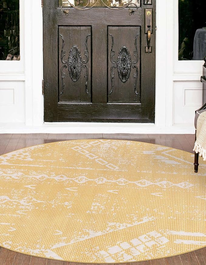 Unique Loom Outdoor Bohemian Collection Area Rug - Anthro (13' Round Yellow/Ivory)