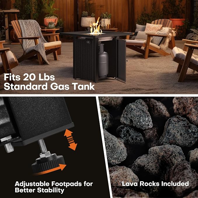 Hexago 28 Inch Propane Fire Pit, ETL Listed Outdoor Fire Pit Table, 50,000 BTU Steel Gas Fire Pits with Lid and Lava Rock, Add Warmth and Ambience to Parties On Patio Deck Garden,Black