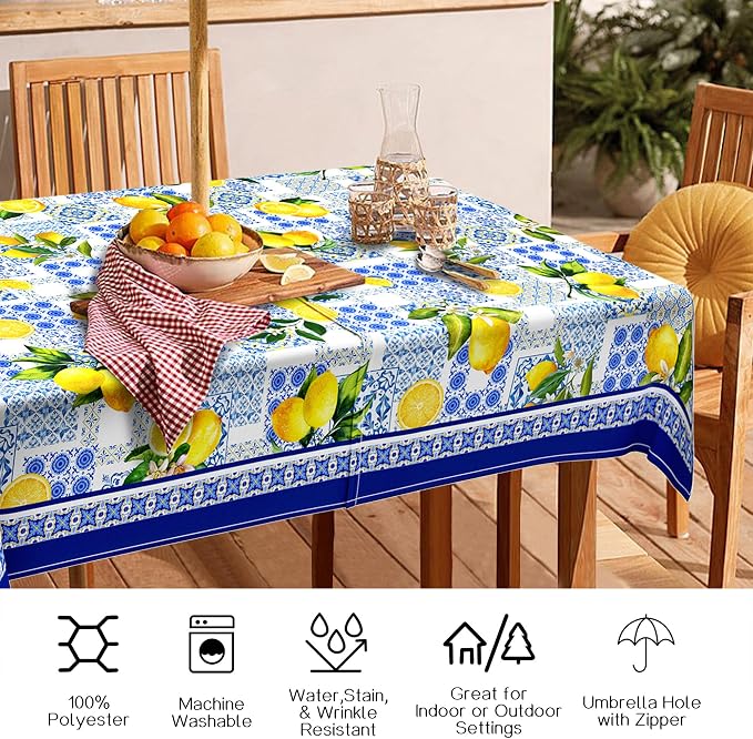 Outdoor Tablecloth with Umbrella Hole and Zipper, Rectangle Patio Table Covers for Spring/Summer, Machine Washable Outdoor Picnic Table Cloth (Mediterranean, 60" × 84" Rectangular)