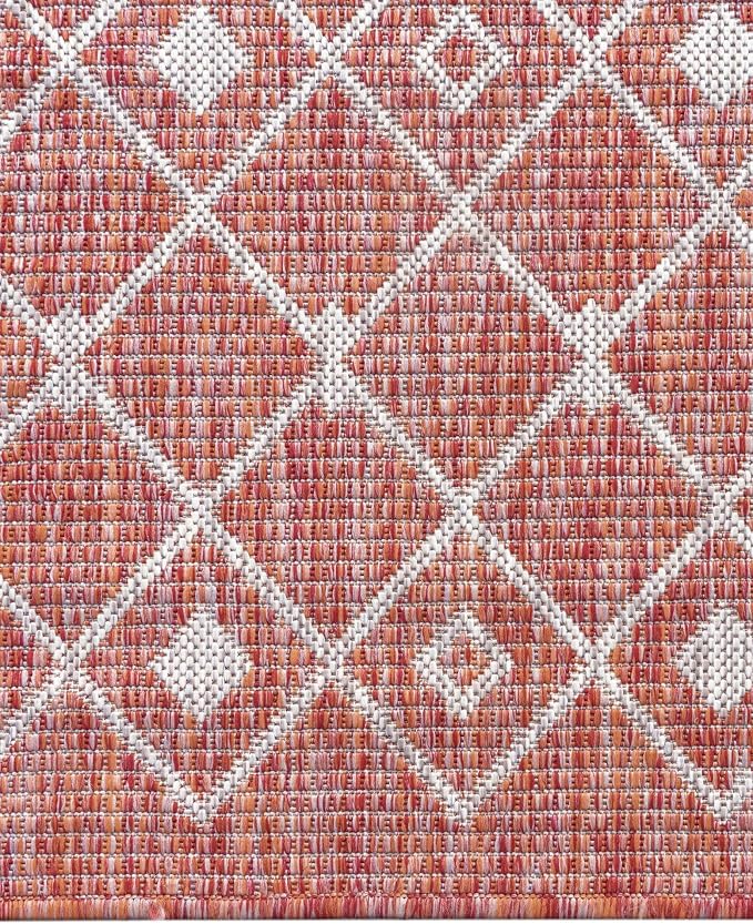 Unique Loom Outdoor Trellis Collection Area Rug - Tribal Trellis (10' 8" Square, Rust Red/ Ivory)