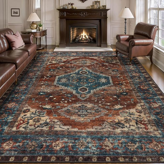 Tangsoo Oriental 8x10 Washable Area Rugs for Living Room, Non Slip Rug | Vintage Indoor Large Area Rugs, Boho Print Carpet Soft Low Pile Foldable Floor Rug for Bedroom Dining Room Rust Home Decor