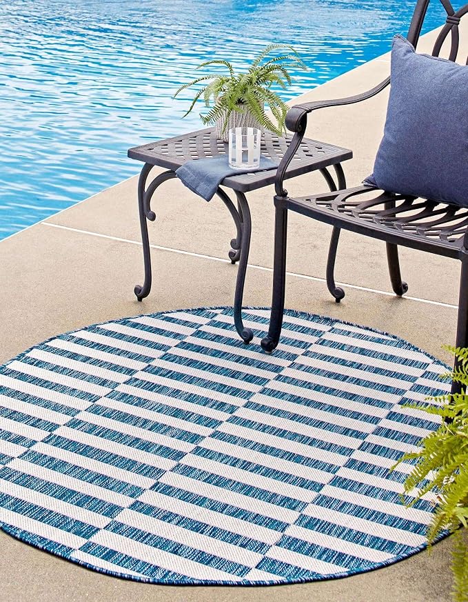 Unique Loom Outdoor Striped Collection Area Rug - Striped (12' Round Blue/Ivory)