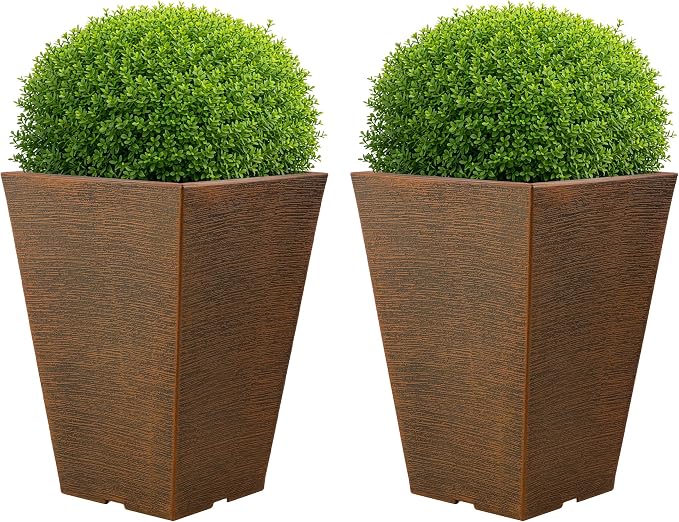 Large Outdoor Planters 2-Pack - 13.75-Inch Tall Planters for Outdoor Plants or Indoor Pots for Plants - Plastic Flower Pots for Patio, Entryway, or Front Porch Decor by Pure Garden (Bronze)