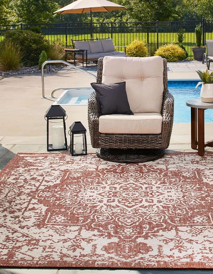 Unique Loom Jill Zarin Outdoor Collection Area Rug - Dubai (13' Square, Rust Red/ Ivory)
