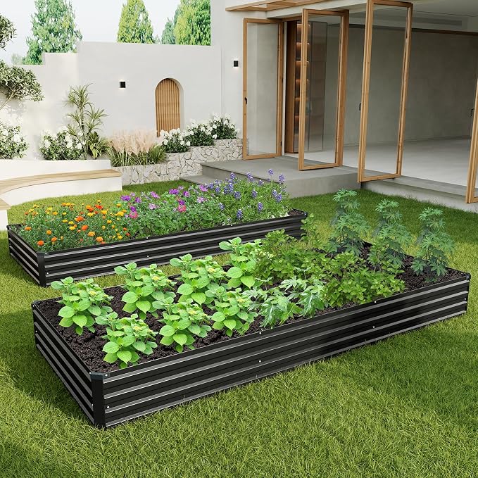 2PCS 12x4x1ft Galvanized Raised Garden Kit,Metal Planter Box,Black | Outdoor Elevated Metal Planter Box For Vegetables, Flowers & Herbs. Rustproof Galvanized Steel, Open Drainage, Easy Assembly