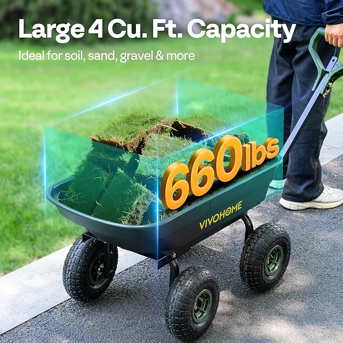 VIVOHOME 660lbs Wheelbarrow Dump Garden Cart with 2-in-1 Convertible Handle | Attach to ATV or Tractor, 10" All Terrain Wheels, Heavy Duty Utility Trailer for Yard