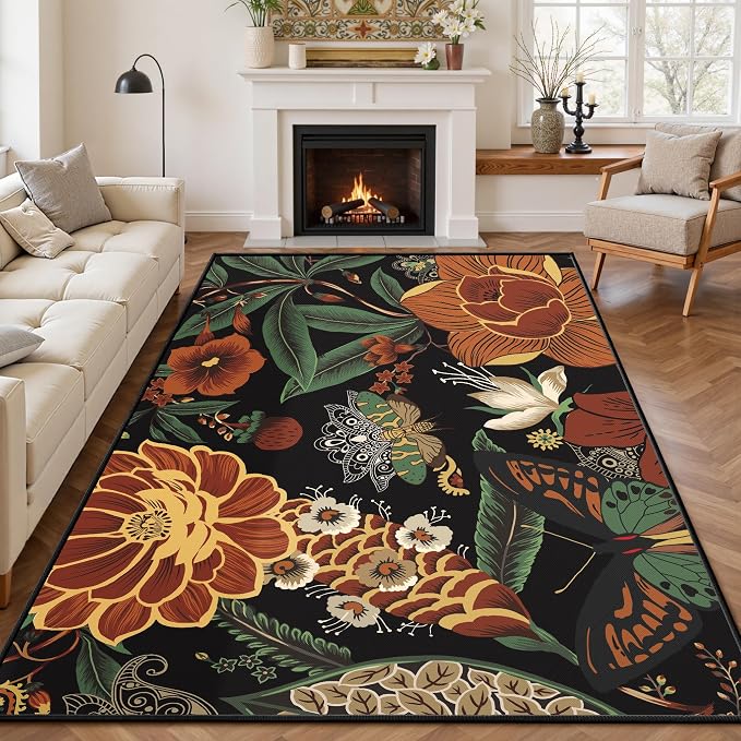 Tyrot Vintage Black Boho Floral Living Room Rug, 5x7 Rug Flat Woven Washable Botanical Butterfly Area Rugs Ultra-Thin Non Slip Low Pile Carpet for Bedroom, Dining Room, Office