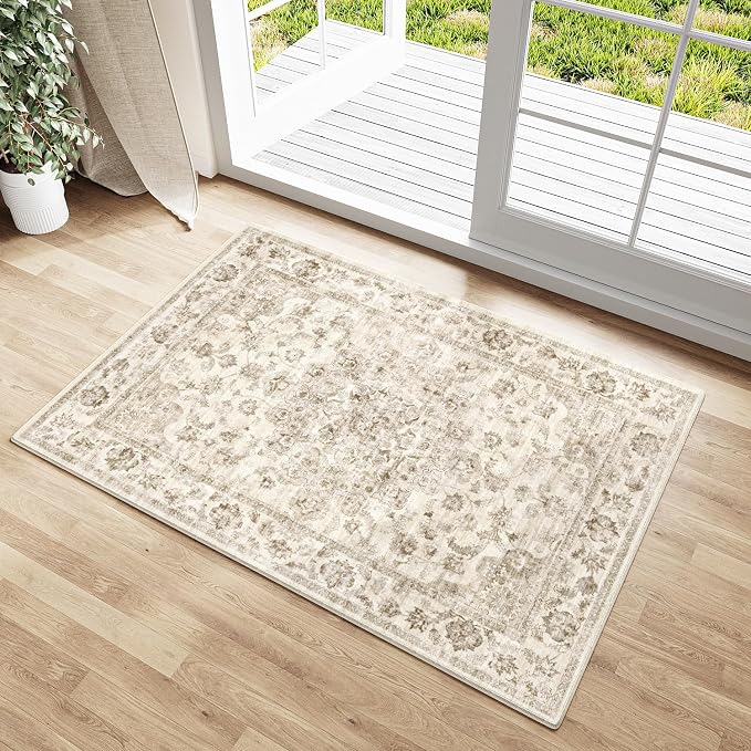 2x3 Beige Neutral Area Rug | Washable, Non Slip, Soft Low Pile, Vintage Farmhouse, for Entryway Kitchen Bathroom Living Room Bedroom Indoor Home Decor