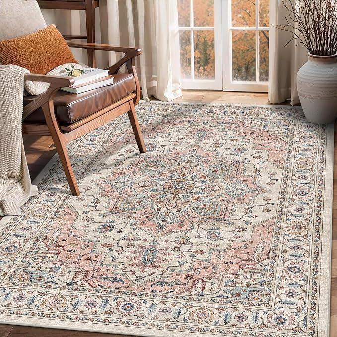 3x5 Vintage Area Rugs for Indoor Entrance Non-Slip Washable Rug | Ultra Soft Low Pile Lightweight Carpet Stain Resistant Rugs Retro Distressed for Living Room Bedroom Playroom Home Office