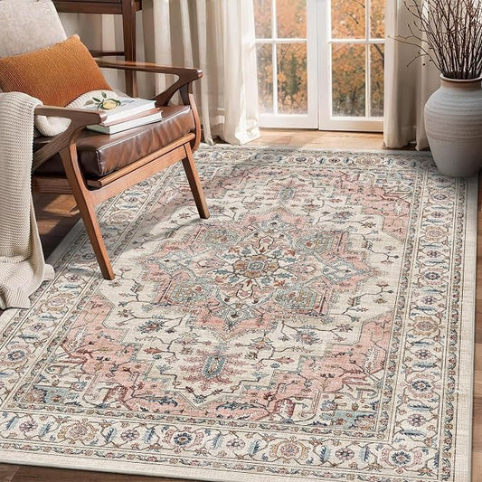 3x5 Vintage Area Rugs for Indoor Entrance Non-Slip Washable Rug | Ultra Soft Low Pile Lightweight Carpet Stain Resistant Rugs Retro Distressed for Living Room Bedroom Playroom Home Office