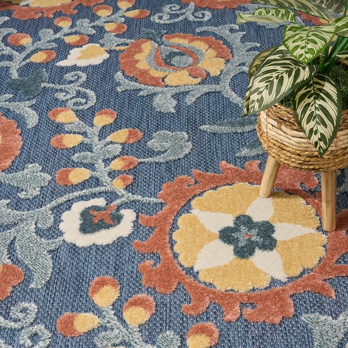 Nourison Home Aloha Blue Rose 3'6" x 5'6" Area Rug - Easy Clean, Non Shedding, Bed Room, Living Room, Dining Room, Kitchen (4' x 6')