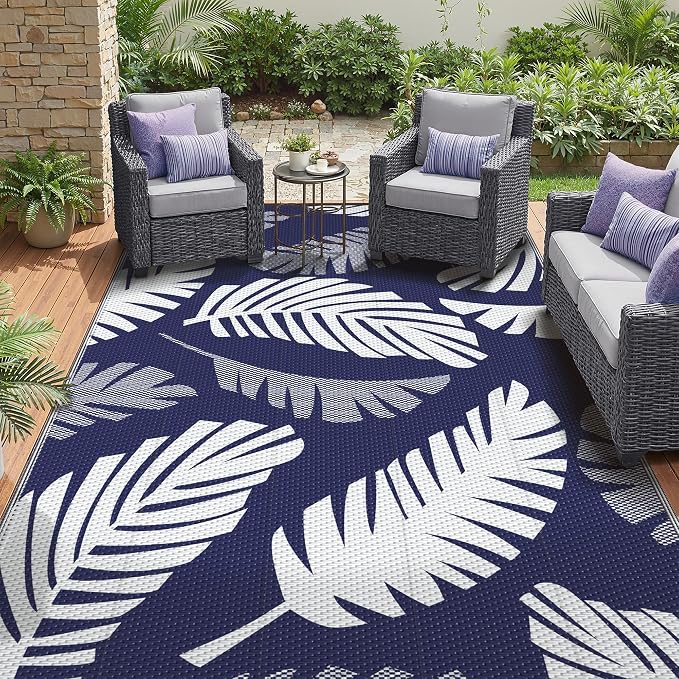 GENIMO Waterproof Outdoor Rug 6' x 9' for Patio Decor, Reversible Plastic Straw Area Rugs for Camping Clearance, RV Mat, Large Outside Carpet for Porch, Deck, Picni, Balcony, Garden, Navy Blue & White