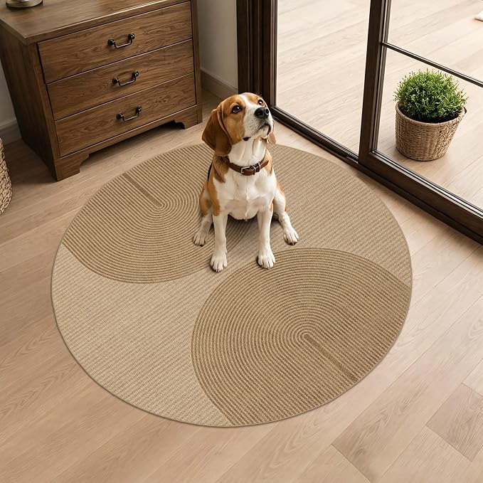 Easy Jute Round Rug 3ft: Outdoor Natural Area Rugs for Front Patio Linen-Look Fabric Durable - Neutral Carpet Mat for Entryway Bathroom Non-Slip - Geometric Arch Pattern