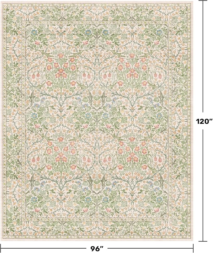 Cream Green Washable 8x10 Area Rugs for Living Room, Bedroom, Dining Room Under Table, Playroom, Stain Resistant Non-Slip Light Green Carpet with Pale Yellow and Pink Blossoms and Blue Flowers