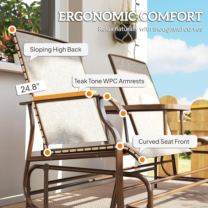 Outsunny 2 Person Outdoor Glider Bench, Patio Swing Glider Chair Loveseat with Breathable Mesh, Table, Steel Frame for Garden, Backyard, Porch, Light Mixed Brown