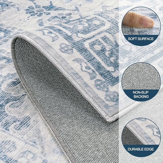 9x12 Washable Area Rugs for Living Room Blue Grey Non-Slip Rug | Vintage Medallion Rug，Soft Low Pile Large Rugs，Indoor Retro Carpet for Bedroom Nursery Dining Table Farmhouse Home Office