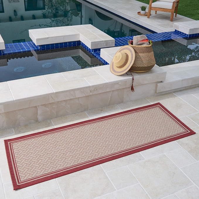 Gertmenian Indoor Outdoor Classic Flatweave Area Rug, Stain & UV Resistant Carpet, Deck, Patio, Poolside & Mudroom, 2x6 Ft Runner, Simple Border, Red Tan, 22015