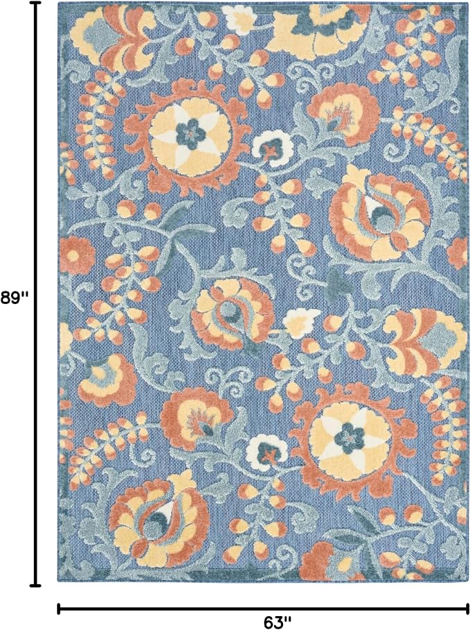 Nourison Home Aloha Blue Rose 5'3" x 7'5" Area Rug - Easy Clean, Non Shedding, Bed Room, Living Room, Dining Room, Kitchen (5' x 8')