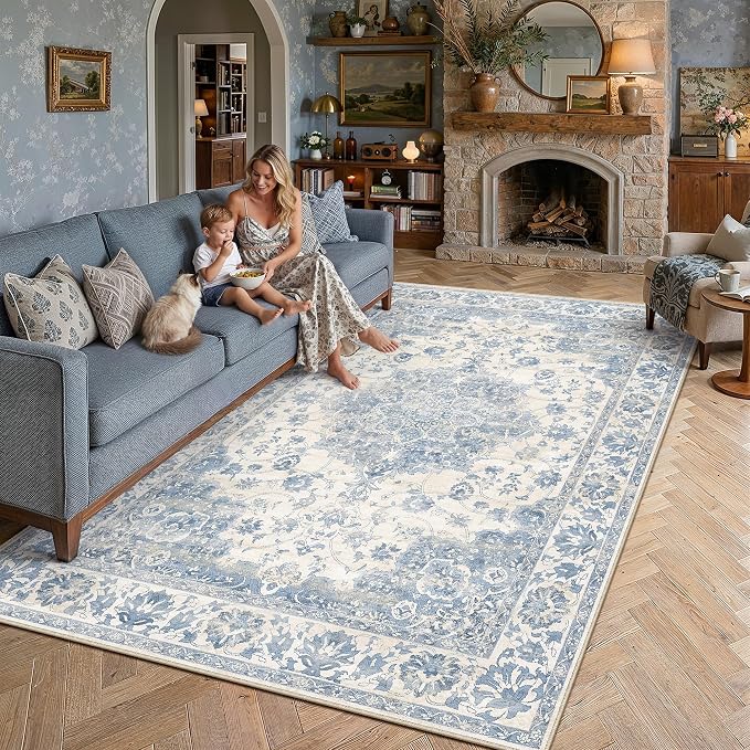 Blue Area Rug 10x14 Vintage Oriental Medallion Non-Slip Carpet | Machine Washable, Soft, Low Pile, Distressed, Large for Living Room, Bedroom, Dining Room, Office, Retro Home Decor