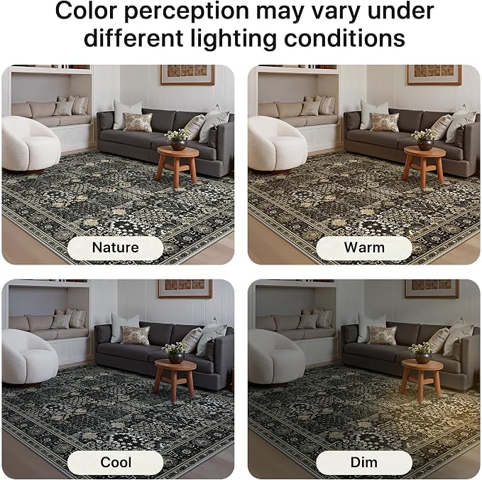 8x10 Washable Area Rug Non Slip for Living Room, Black | Large Vintage Floral Rug, Low Pile Lightweight Carpet, Non Shedding for Bedroom, Dining Room and Home Office