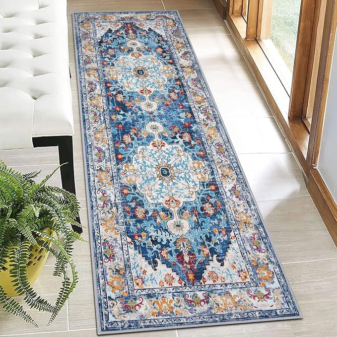 U'Artlines 2' x 6' Boho Hallway Runner Rug Non Slip Washable Runners,Blue | Vintage Farmhouse Kitchen Rug Accent Area Carpet for Entryway Laundry and Living Room