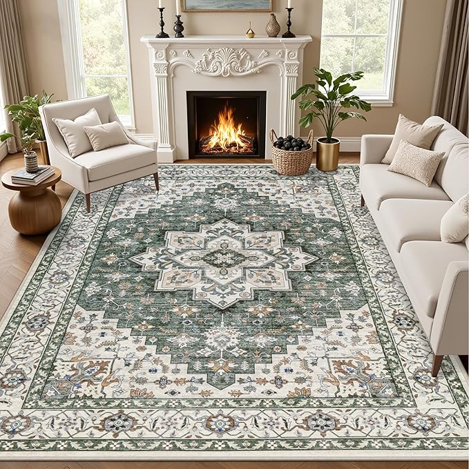 8x10 Area Rugs Living Room: Washable Rug for Bedroom Green Ivory | Boho No Slip Stain Resistant Rug Soft Indoor Decor Floor Floral Area Rugs for Dining Room, Nursery, Hallway, Home Office