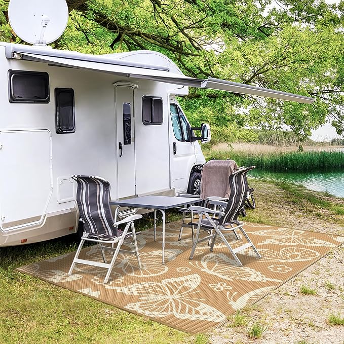 GENIMO Outdoor Rug 6' x 9' Waterproof for Patio Clearance, Reversible Plastic Straw Camping Carpet, Lightweight Mats for Rv, Camper, Deck, Porch, Picnic, Beach, Balcony,Light Brown & Beige