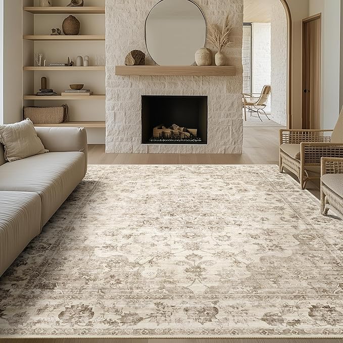 8x10 Beige Neutral Area Rug | Washable, Non Slip, Soft Low Pile, Vintage Farmhouse, Large, for Living Room Bedroom Dining Room Office Indoor Home Decor