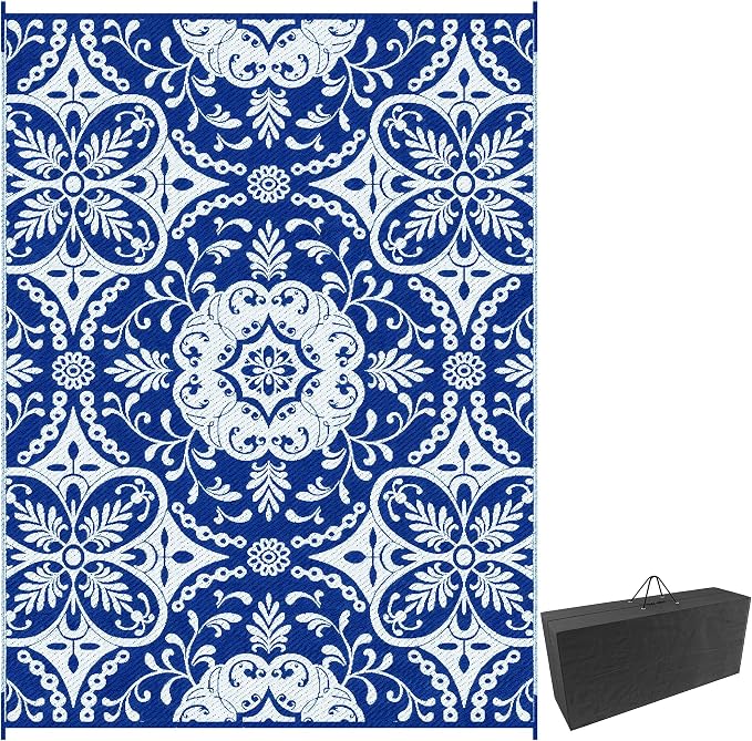 Outsunny Reversible Outdoor Rug Carpet, 9' x 12' Waterproof Plastic Straw Rug, Portable RV Camping Rugs with Carry Bag, Large Floor Mat for Backyard, Deck, Picnic, Beach, Blue & White Floral
