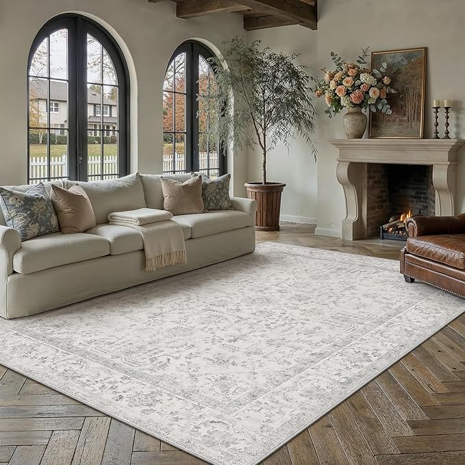 9x12 Grey Neutral Living Room Area Rug | Washable, Low Pile, Accent, Vintage, Soft, Non Slip, Large Carpet for Bedroom Dining Room Nursery Indoor Home Decor