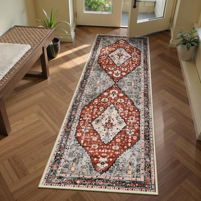 Lahome Felice Boho Tribal Runner Rug - 2x6 Red Rug Runners for Hallways 6 feet Non Slip Kitchen Sink Mat, Soft Non Skid Washable Bathroom Carpet Runner for Front Hall Entryway Laundry Room
