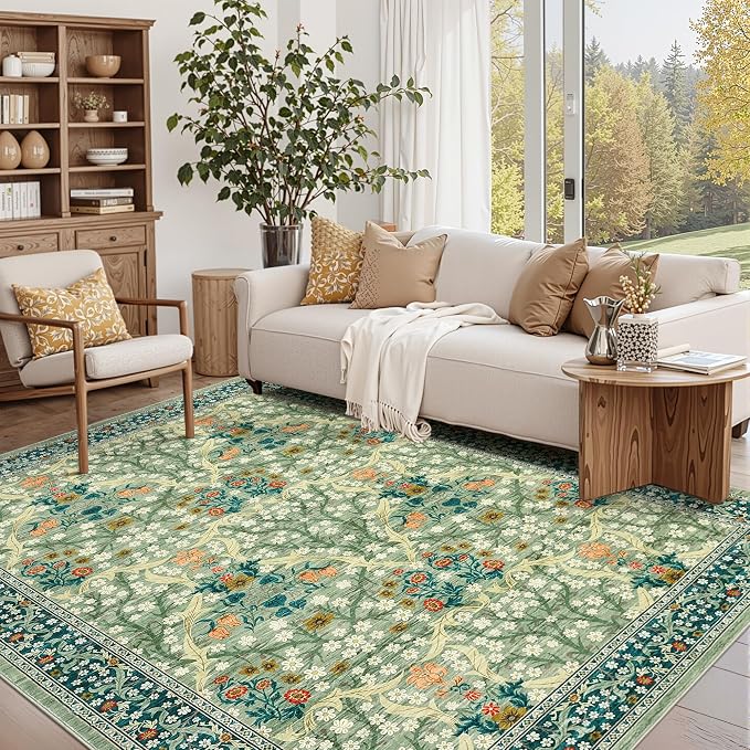 GarveeHome 6x9 Washable Area Rug for Living Room, Floral Dining Room Rugs for Under Table, Low Pile Non-Slip Stain Resistance Floor Carpet for Bedroom, Sage Green