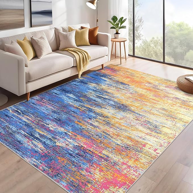 ROYHOME Washable Rug 5x7 Abstract Area Rug for Living Room, Blue/Orange | Non Slip Foldable Soft Rugs for Bedroom, Stain Resistant Rugs Modern Fuzzy Rug, Indoor Floor Carpet for Entryway Home