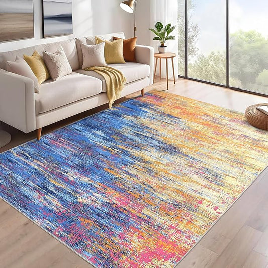 ROYHOME Modern Abstract Area Rug 4x6 Washable for Living Room, Blue/Orange | Ultra Soft Rug for Bedroom, Non Slip Indoor Floor Carpet, Stain Resistant Rugs for Home Decor Office