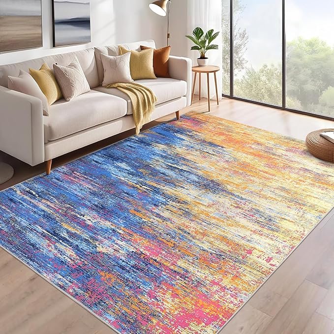 ROYHOME Modern Abstract Living Room Rug 8x10, Blue/Orange | Washable Area Rugs for Bedroom, Stain Resistant Non Slip Large Rug, Soft Indoor Carpet for Dining Room Table Home Decor