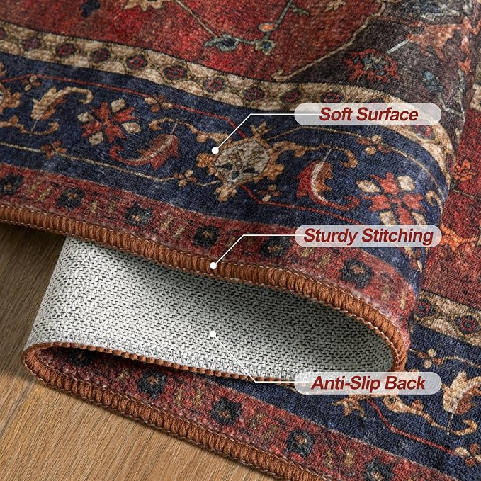 Tangsoo Red 2.6x10 Washable Hallway Runner Rug, Boho Non Slip Runner Rug | Oriental Soft Low Pile Long Rug 10ft Runner,Vintage Carpet Runners for Hallway Kitchen Bedroom Entryway Living Room Red Beige