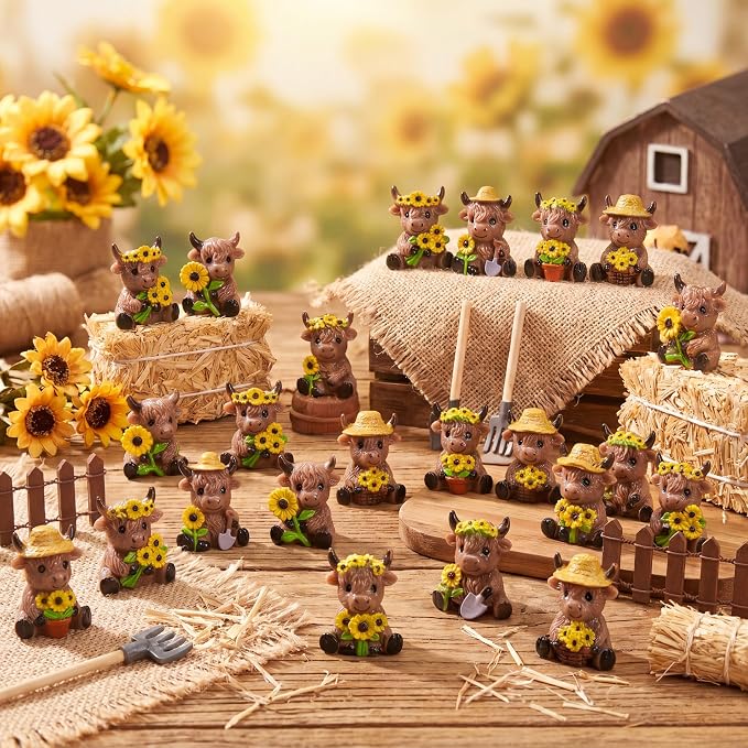 Yaomiao 60 Pcs Mini Highland Cow Figurines Resin Sunflower Highland Cow Figurines Cute Miniature Resin Gift Statue Decorations for Office Garden Desk Tabletop Festive Party Home Kitchen Tiered Tray
