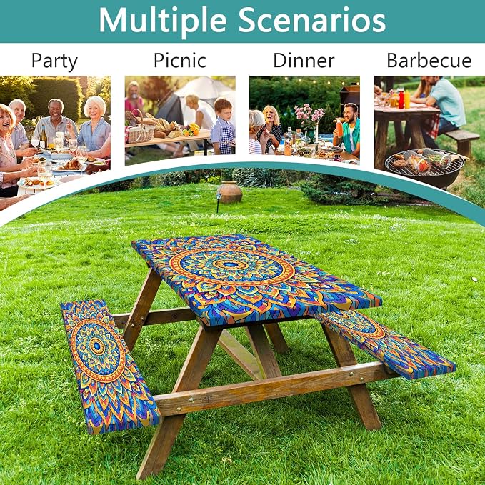Fitted Picnic Table Cover with Bench Covers,Bohemian Waterproof Elastic Edges Rectangle Patio Tablecloth Outdoor Camping Essentials Stuff Rv Accessories Summer Travel Trip Camper Gifts