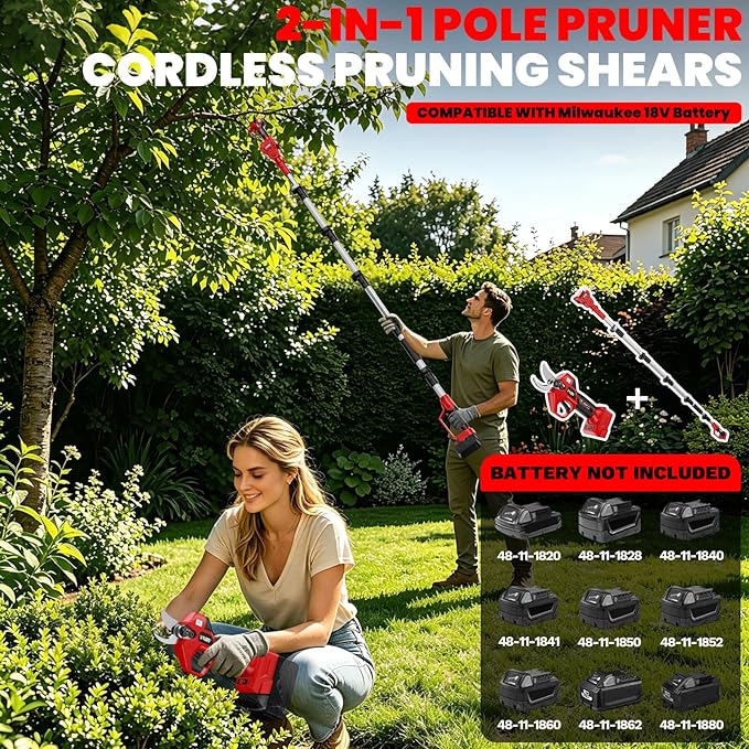 2-In-1 Electric Pruning Shears Set Compatible with Milwaukee 18V Battery, 6.9FT Adjustable Pole Pruner with 1.2" Cut Brushless Electric Branch Cutter for Gardening & Tree Trimmer (No Battery)