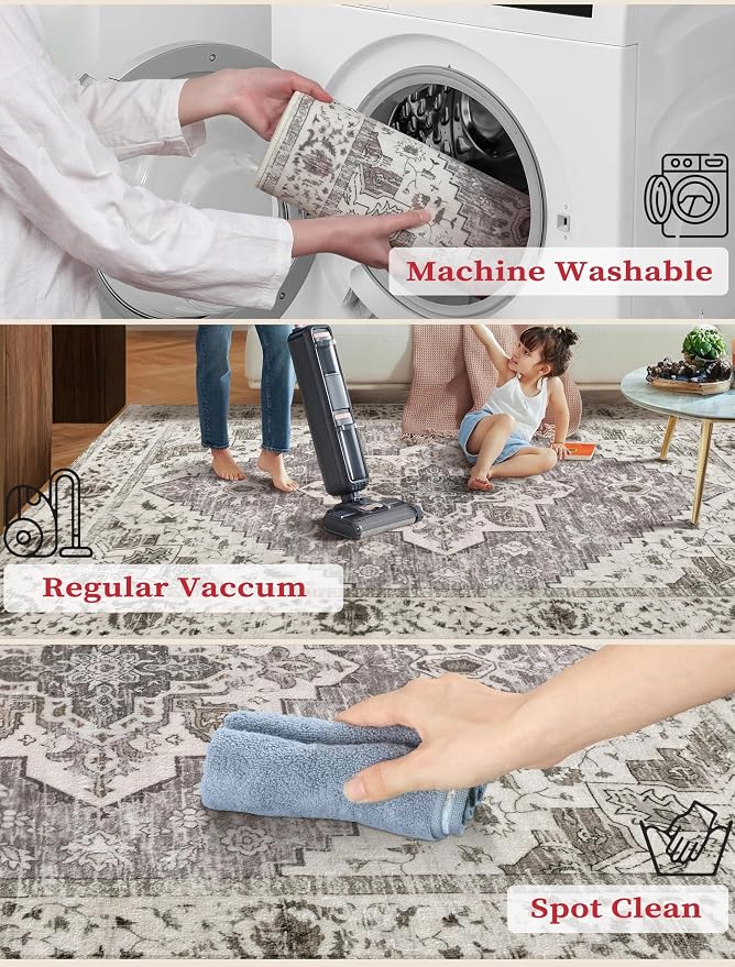 SERISSA 2x6 Washable Non Slip Boho Runner Rug for Hallway，Earth Tone | Ultra Soft Vintage Oriental Carpet Low-Pile Distressed Tribal Floor Carpet for Kitchen Bedroom Bathroom Laundry Living Room