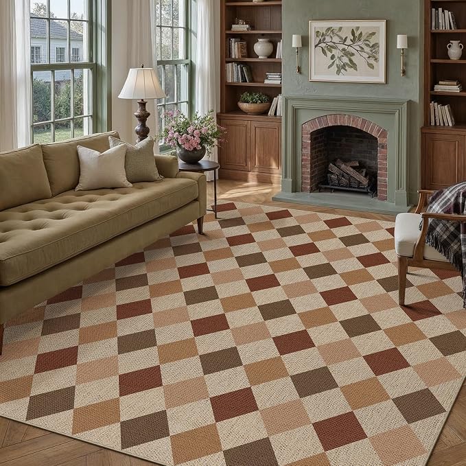 PureCozy 6x9 Checkered Easy Jute Area Rug for Living Room Large Checkerboard Washable Indoor Outdoor Carpet Farmhouse Patio Office Mat Geometric Non Slip Brown-Beige Carpet for Backyard Dining Room