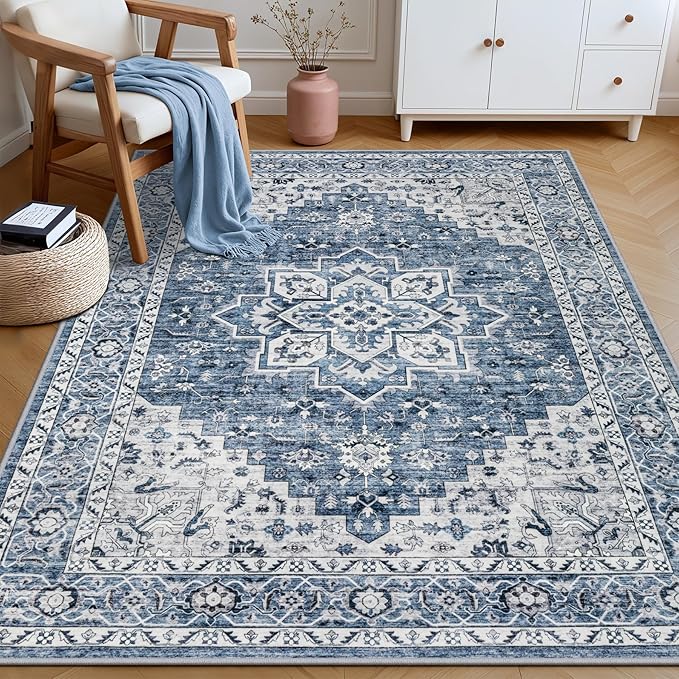 4x6 Area Rugs Living Room: Washable Vintage Rug for Bedroom Blue | Boho No Slip Stain Resistant Rug Soft Indoor Decor Floor Floral 4x6 Area Rugs for Dining Room, Nursery, Hallway, Home Office